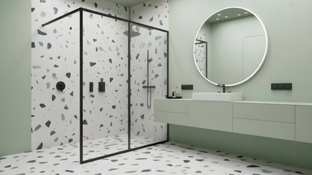 3d rendering of a modern bathroom with a shower and a mirrorの素材