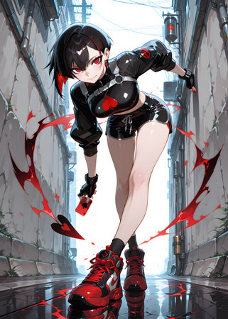 Dark hair athletic figure wears casual clothes and red sneakers while posing in a narrow urban alleywayの素材