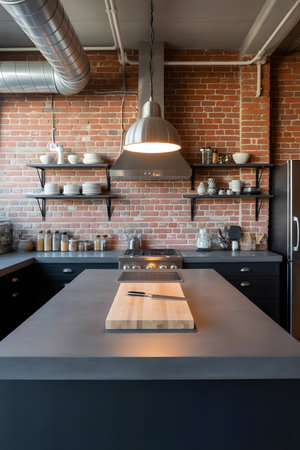 interior of a modern kitchen with brick wall and wooden countertopの素材