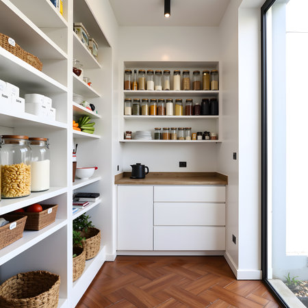 Pantry storage shelving holds jars and containers with a kettle on counter near herringbone floor in a white roomの素材