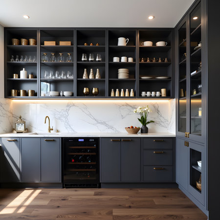 3d render of modern kitchen interior design with black and white marbleの素材