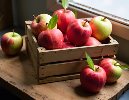 Fresh red apples in a wooden box on a rustic wooden tableの素材