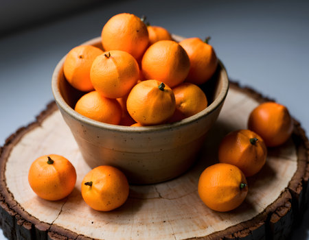 Fresh tangerines in a wooden bowl on a wooden background.の素材