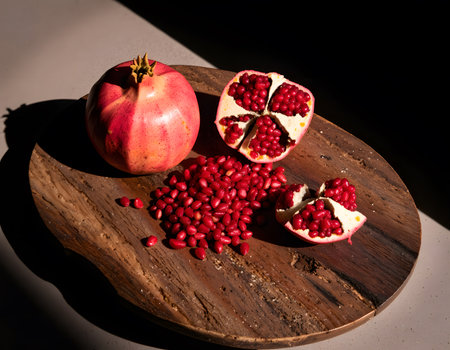 Ripe pomegranate on a wooden board on a black backgroundの素材