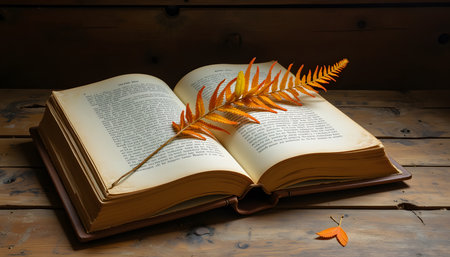 Open book with autumn leaves on wooden background, education and reading conceptの素材
