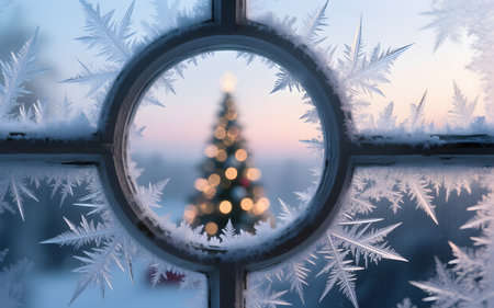 Winter window with Christmas tree and snowflakes. Winter background.の素材