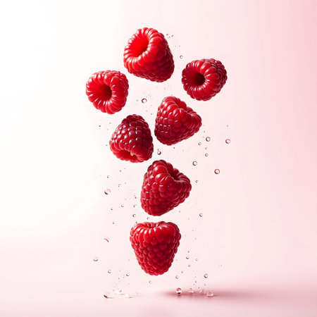 Raspberry falling into water on a pink background. 3d renderingの素材