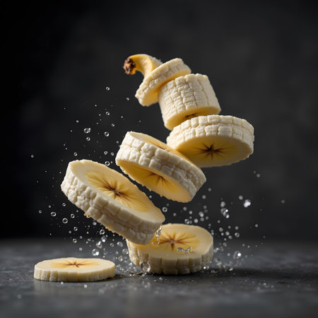 Flying bananas with water drops on dark background. Healthy food concept.の素材
