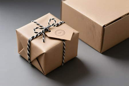Cardboard box with gift tag on gray background, close-upの素材