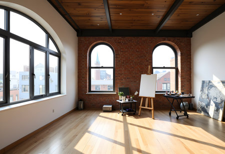 interior of a modern loft, view of the room from the windowの素材