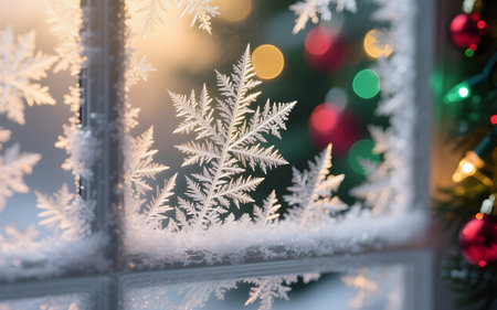 Frosty window with Christmas tree and bokeh lights.の素材