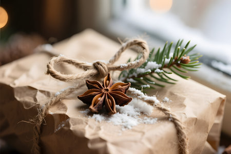 Christmas gift wrapped in brown kraft paper and tied with twine.の素材