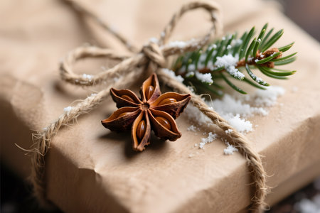 Christmas holiday festive package wrapped in brown paper displays twine, pine, snow, and star anise decorationsの素材