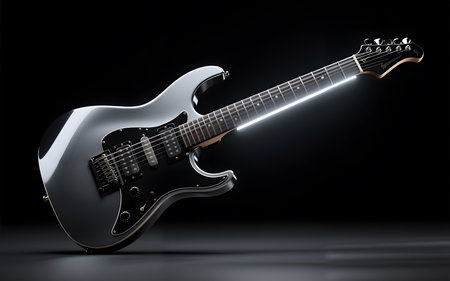 Black electric guitar on a black background.の素材