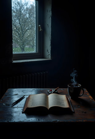 A cup of coffee and a book on a wooden table near the windowの素材