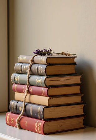 Stack of books with lavender on the shelf in the room.の素材
