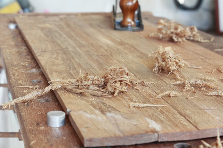 woodworking tools in a carpentry workshop, closeup of photoの写真素材