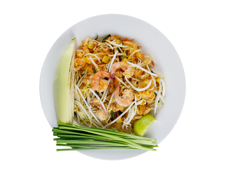 Fried noodle Thai style with prawns isolated on white backgroundの写真素材