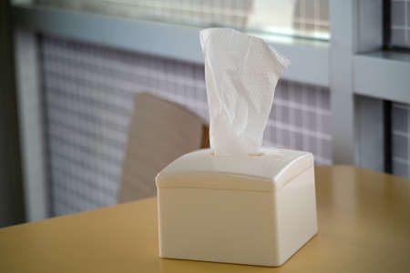 Tissue in white plastic box on dining tableの写真素材