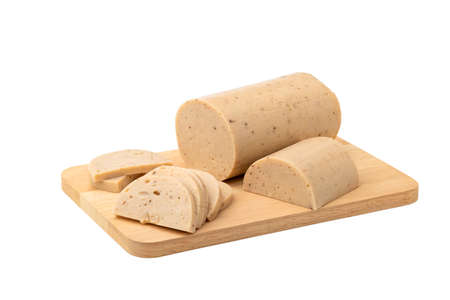 Sliced Vietnamese Pork Sausage on wood plate isolated on white background with Clipping Pathの写真素材