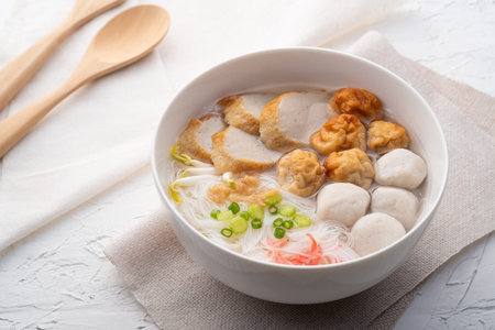 Rice Vermicelli noodle in Clear Broth soup with meatballs