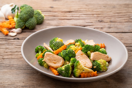 Stir Fried Broccoli with chicken breast and carrot in oyster sauce.Thai foodの写真素材