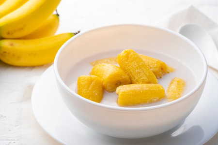 Boiled Lady Finger banana in Coconut Milk.Thai dessert foodの写真素材