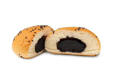 Half sliced Sweet Red Bean Bread isolated on white background with Clipping Path