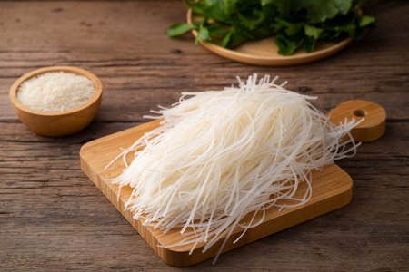 Small rice noodle on wood board,Uncooked
