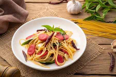 Stir fried Hot dog or sausage with Spaghetti with Dried Chili and garlic in white plate.Fusion foodの写真素材