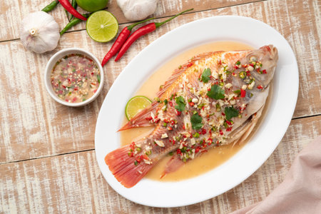Steamed Red Tilapia Fish with Spicy Lemon Sauce in white plate.Top view