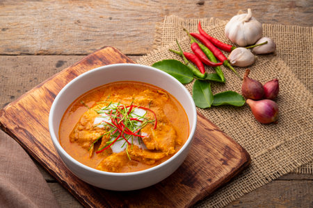 Panaeng Curry with chicken.Sliced chicken breast Meat in red curry paste and coconut milk,topping with coconut cream and Shredded kaffir lime leaves.Thai style food.の写真素材