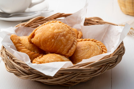 curry puff on wicker basket,fried curry dumpling (with meat or vegetable snuffing)の写真素材