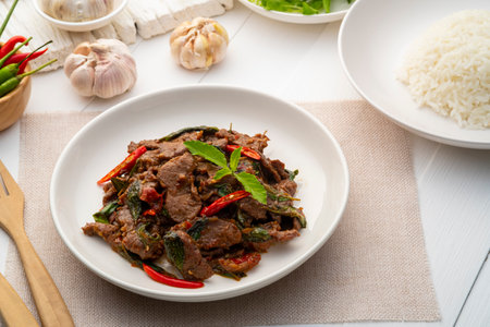 Stir fried sliced Beef with Holy Basil in white plate.Thai famous food (Pad Kra pao)の写真素材