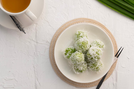 Thai Coconut Ball in white plate.(Thai Traditional Dessert) - Ka Nom Tom.Top view.の写真素材