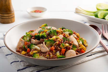 Healthy asian food. Thai fried Organic Red Brown Jasmine Rice (unpolished rice) with chicken breast and broccoli carrot egg in white plate. clean food.の写真素材