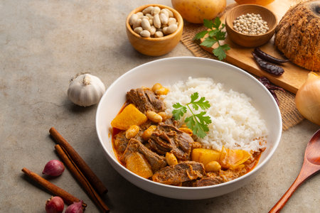 Massaman Curry with beef and cooked rice in white plate.Cooked beef meat and potatoes groundnut with massaman curry paste in coconut milk.asian food.の写真素材