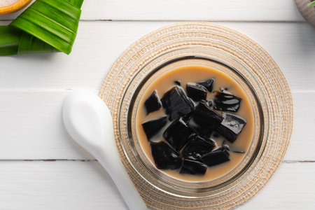 Grass Jelly with Fresh Milk in glass bowl.Top view.の写真素材