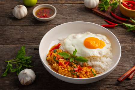 Stir fried Squid Pineapple Cut with basil leaves and cooked jasmine rice topped with fried egg in white plate.の写真素材