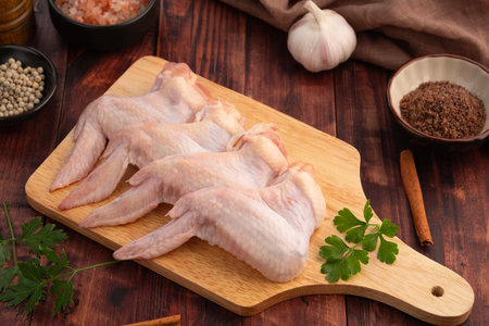 Fresh raw Chicken wings (Chicken 3 Joint Wing) on wooden plate.の写真素材