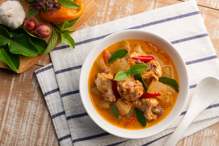 Red Curry with Winter melon and Chicken in a bowl.Thai spicy food.Top view.の写真素材
