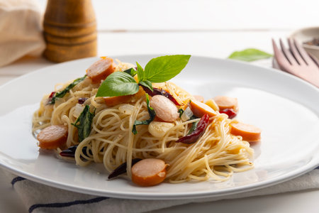 Close up Stir Fried angel hair pasta With Dried Chili garlic and sliced sausage in white plate.の写真素材