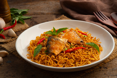 Stir fried instant noodles with Canned fish.mixed tinned sardines fish with instant noodle ,chilli ,garlic and basil in white plate.Thai style fusion food.の写真素材