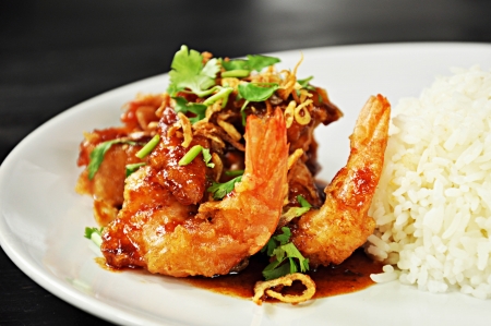 Deep fried prawns in Tamarind sauce with steam riceの写真素材