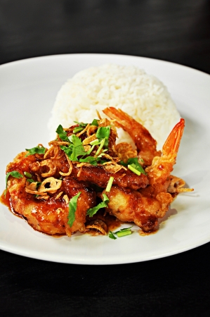 Deep fried prawns in Tamarind sauce with steam riceの写真素材