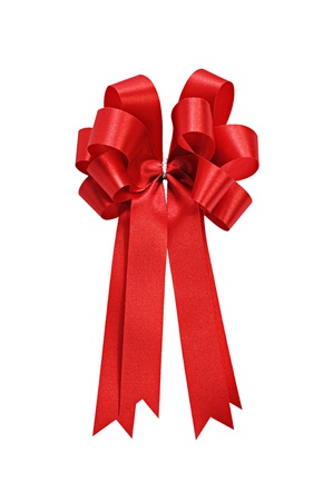 Beautiful red satin ribbon on white backgroundの写真素材