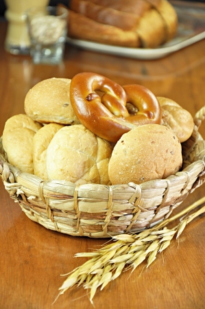 Breads and pretzel in the basketの写真素材