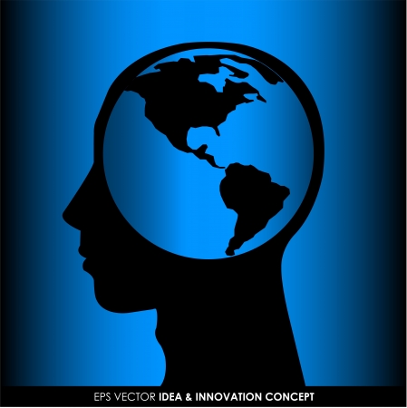Human head silhouette with world map as a brain - thinking and innovation conceptのイラスト素材