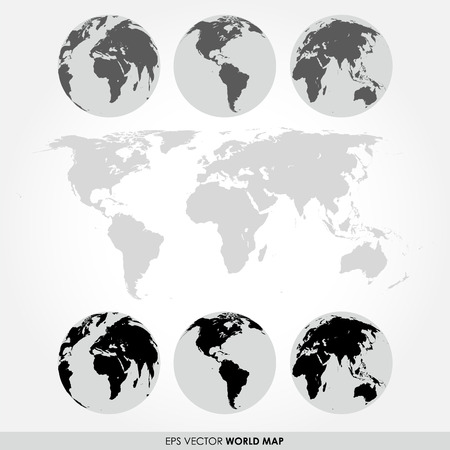 World map collection with flat detailed world map and world maps on the globesのイラスト素材