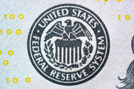 Close up of FEDERAL RESERVE SYSTEM seal on US dollar bill (banknote)の写真素材